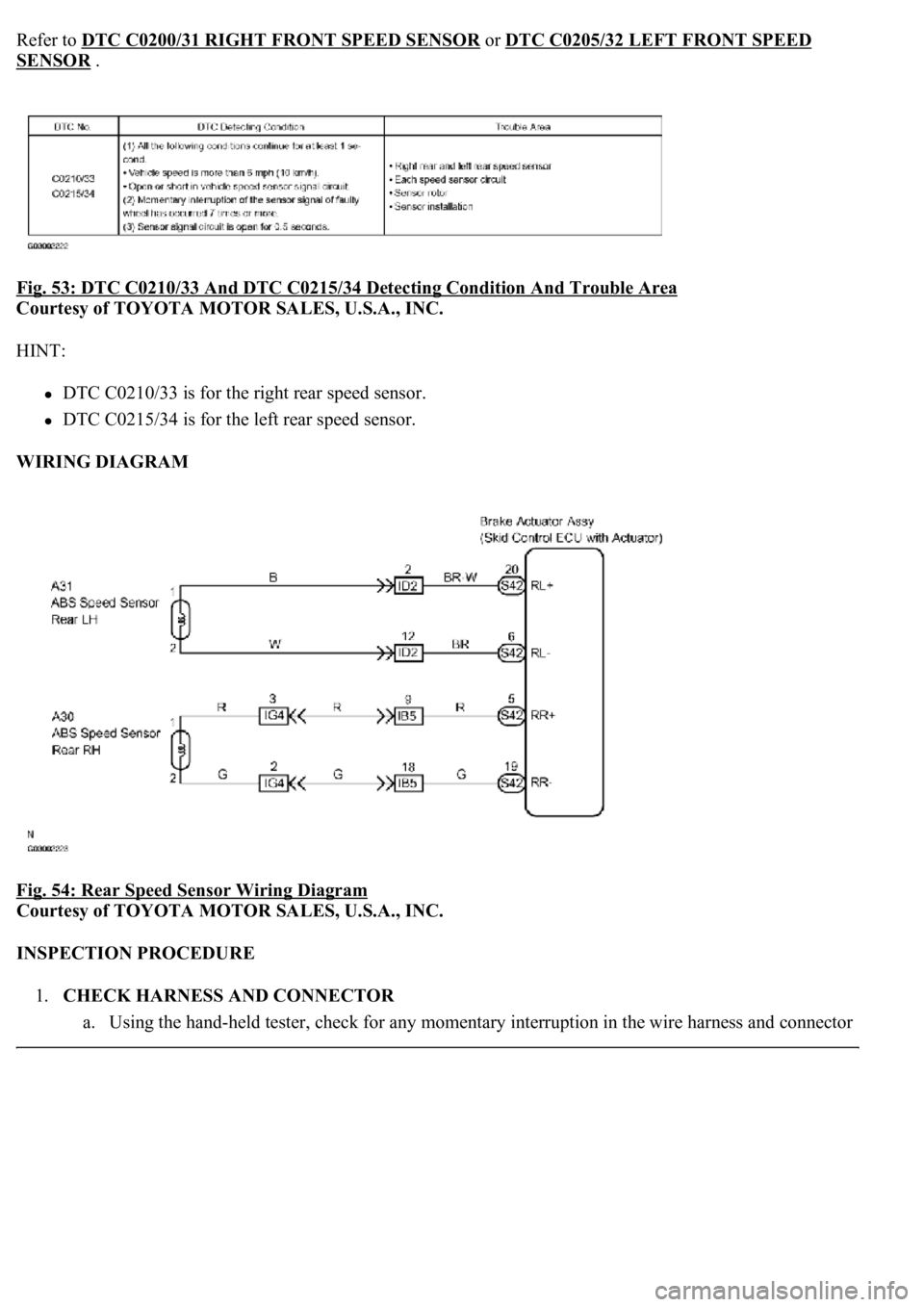 LEXUS LS430 2003 Factory Owners Guide Refer to DTC C0200/31 RIGHT FRONT SPEED SENSORor DTC C0205/32 LEFT FRONT SPEED
SENSOR .
Fig. 53: DTC C0210/33 And DTC C0215/34 Detecting Condition And Trouble Area
Courtesy of TOYOTA MOTOR SALES, LEXUS LS430 2003 Factory Owners Guide Refer to DTC C0200/31 RIGHT FRONT SPEED SENSORor DTC C0205/32 LEFT FRONT SPEED
SENSOR .
Fig. 53: DTC C0210/33 And DTC C0215/34 Detecting Condition And Trouble Area
Courtesy of TOYOTA MOTOR SALES,