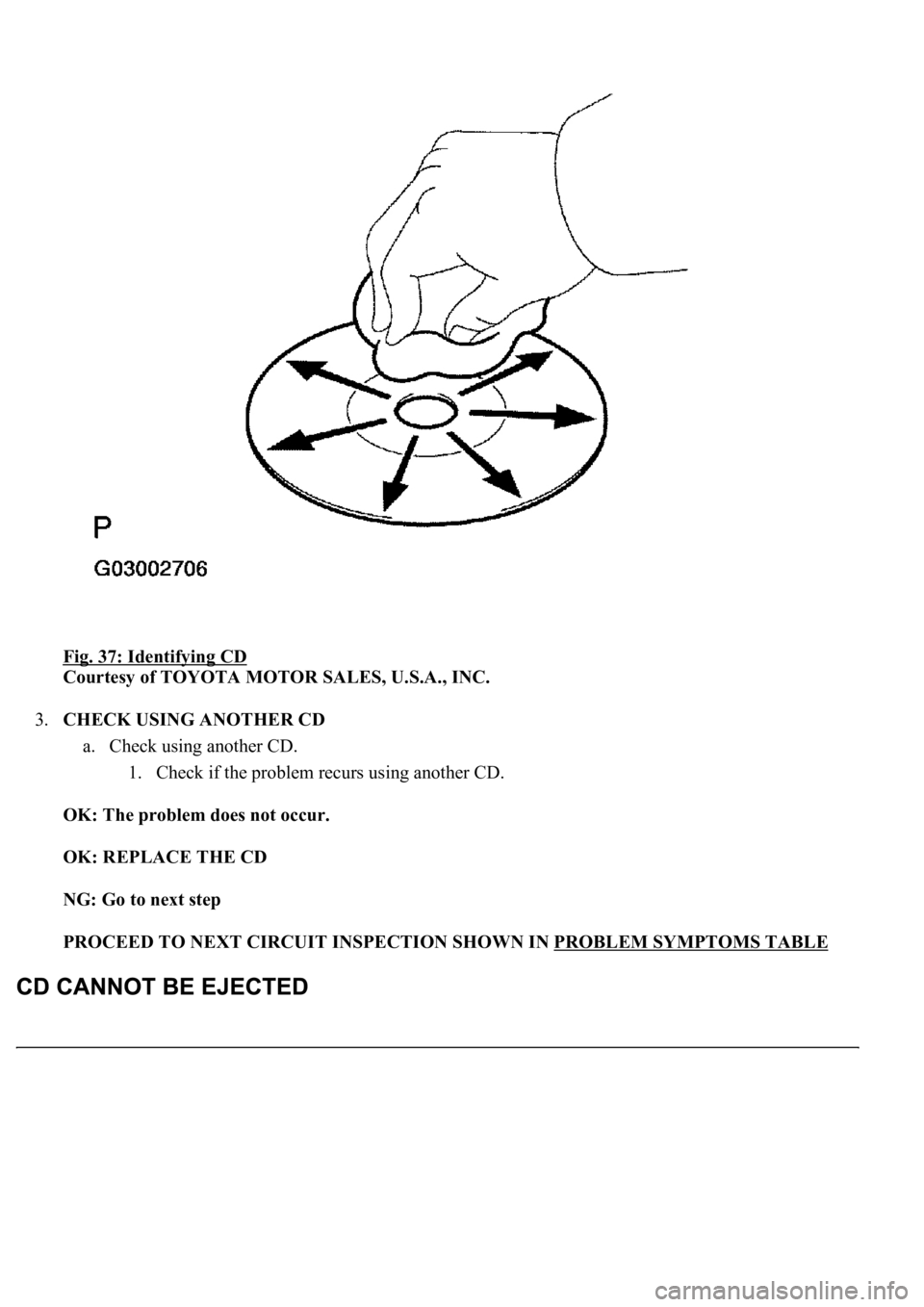 LEXUS LS430 2003  Factory Repair Manual Fig. 37: Identifying CD 
Courtesy of TOYOTA MOTOR SALES, U.S.A., INC. 
3.CHECK USING ANOTHER CD 
a. Check using another CD. 
1. Check if the problem recurs using another CD.  
OK: The problem does not