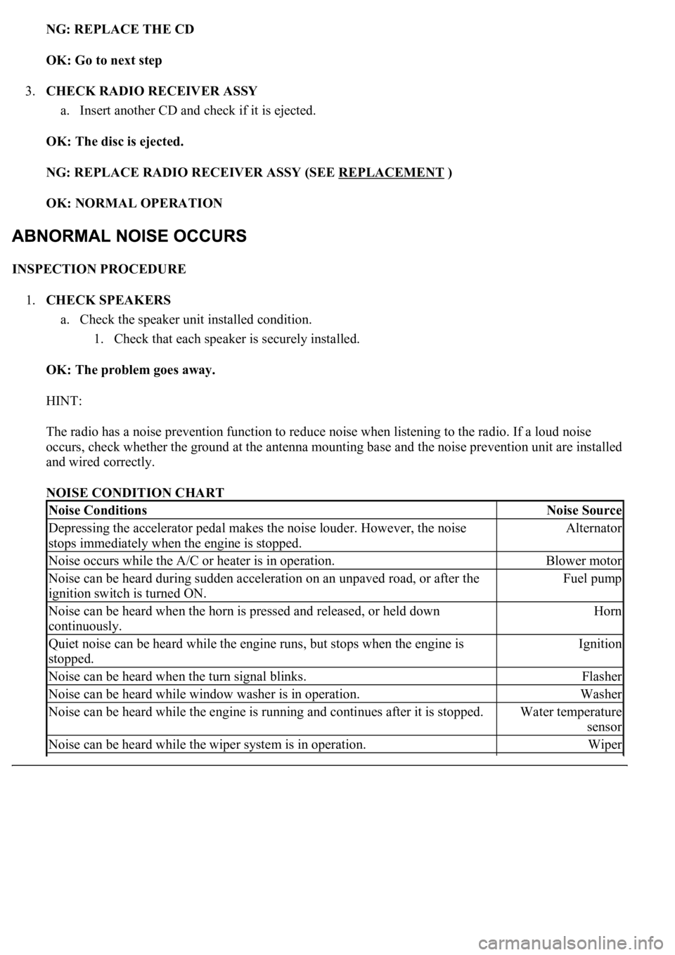LEXUS LS430 2003 Factory Repair Manual NG: REPLACE THE CD
OK: Go to next step
3.CHECK RADIO RECEIVER ASSY
a. Insert another CD and check if it is ejected.
OK: The disc is ejected.
NG: REPLACE RADIO RECEIVER ASSY (SEE REPLACEMENT
LEXUS LS430 2003 Factory Repair Manual NG: REPLACE THE CD
OK: Go to next step
3.CHECK RADIO RECEIVER ASSY
a. Insert another CD and check if it is ejected.
OK: The disc is ejected.
NG: REPLACE RADIO RECEIVER ASSY (SEE REPLACEMENT