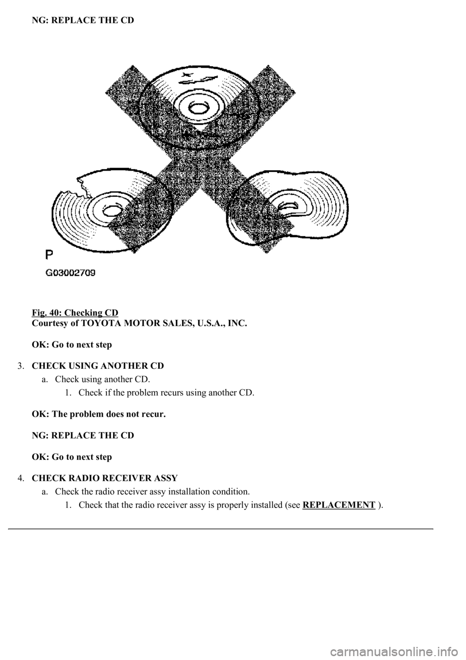 LEXUS LS430 2003  Factory Repair Manual NG: REPLACE THE CD  
Fig. 40: Checking CD
 
Courtesy of TOYOTA MOTOR SALES, U.S.A., INC. 
OK: Go to next step  
3.CHECK USING ANOTHER CD 
a. Check using another CD. 
1. Check if the problem recurs usi