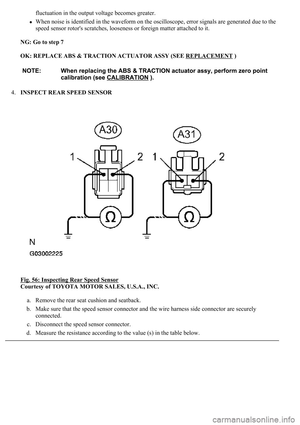 LEXUS LS430 2003 Factory Service Manual fluctuation in the output voltage becomes greater.
When noise is identified in the waveform on the oscilloscope, error signals are generated due to the
speed sensor rotor's scratches, looseness LEXUS LS430 2003 Factory Service Manual fluctuation in the output voltage becomes greater.
When noise is identified in the waveform on the oscilloscope, error signals are generated due to the
speed sensor rotor's scratches, looseness
