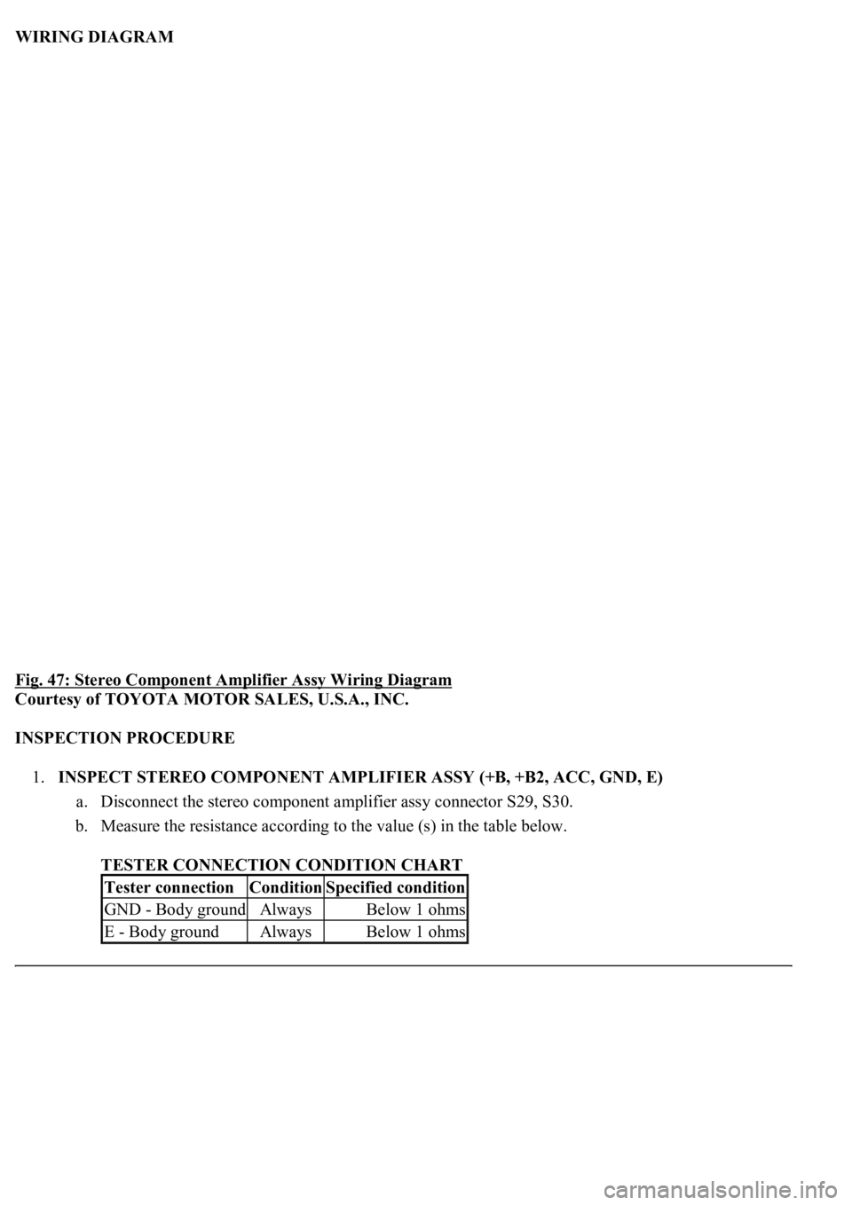 LEXUS LS430 2003  Factory Repair Manual WIRING DIAGRAM 
Fig. 47: Stereo Component Amplifier Assy Wiring Diagram
 
Courtesy of TOYOTA MOTOR SALES, U.S.A., INC. 
INSPECTION PROCEDURE 
1.INSPECT STEREO COMPONENT AMPLIFIER ASSY (+B, +B2, ACC, G