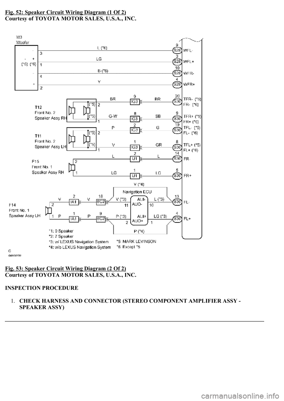LEXUS LS430 2003  Factory Repair Manual Fig. 52: Speaker Circuit Wiring Diagram (1 Of 2)
Courtesy of TOYOTA MOTOR SALES, U.S.A., INC. 
Fig. 53: Speaker Circuit Wiring Diagram (2 Of 2)
 
Courtesy of TOYOTA MOTOR SALES, U.S.A., INC. 
INSPECTI