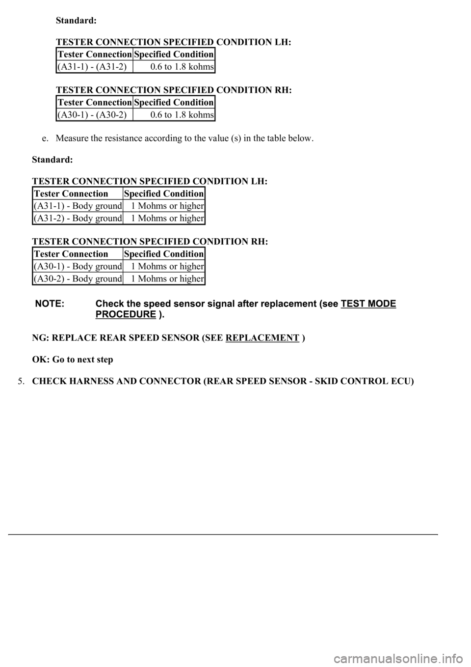 LEXUS LS430 2003 Factory Service Manual Standard:
TESTER CONNECTION SPECIFIED CONDITION LH:
TESTER CONNECTION SPECIFIED CONDITION RH:
e. Measure the resistance according to the value (s) in the table below.
Standard:
TESTER CONNECTI LEXUS LS430 2003 Factory Service Manual Standard:
TESTER CONNECTION SPECIFIED CONDITION LH:
TESTER CONNECTION SPECIFIED CONDITION RH:
e. Measure the resistance according to the value (s) in the table below.
Standard:
TESTER CONNECTI