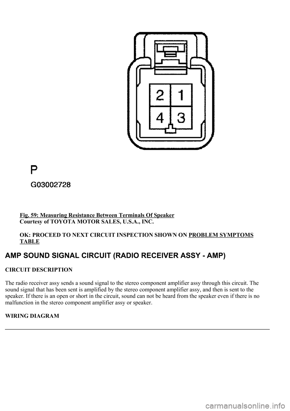 LEXUS LS430 2003  Factory Repair Manual Fig. 59: Measuring Resistance Between Terminals Of Speaker 
Courtesy of TOYOTA MOTOR SALES, U.S.A., INC. 
OK: PROCEED TO NEXT CIRCUIT INSPECTION SHOWN ON PROBLEM SYMPTOMS 
TABLE  
CIRCUIT DESCRIPTION 