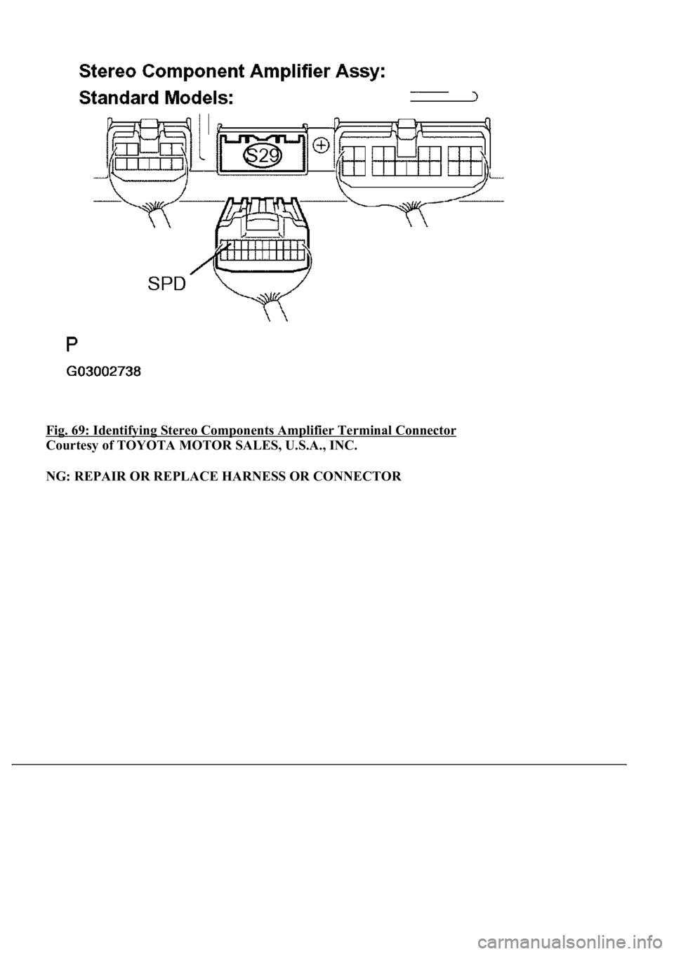 LEXUS LS430 2003  Factory Repair Manual Fig. 69: Identifying Stereo Components Amplifier Terminal Connector 
Courtesy of TOYOTA MOTOR SALES, U.S.A., INC. 
NG: REPAIR OR REPLACE HARNESS OR CONNECTOR 