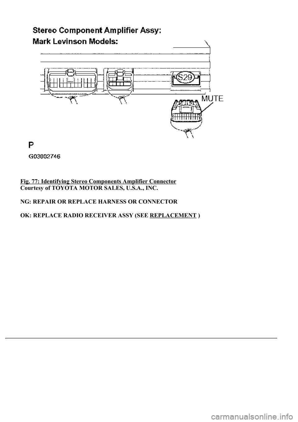LEXUS LS430 2003  Factory Repair Manual Fig. 77: Identifying Stereo Components Amplifier Connector 
Courtesy of TOYOTA MOTOR SALES, U.S.A., INC. 
NG: REPAIR OR REPLACE HARNESS OR CONNECTOR  
OK: REPLACE RADIO RECEIVER ASSY (SEE REPLACEMENT
