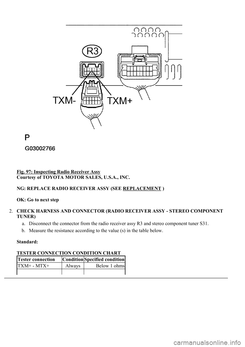 LEXUS LS430 2003  Factory Repair Manual Fig. 97: Inspecting Radio Receiver Assy 
Courtesy of TOYOTA MOTOR SALES, U.S.A., INC. 
NG: REPLACE RADIO RECEIVER ASSY (SEE REPLACEMENT
 )  
OK: Go to next step  
2.CHECK HARNESS AND CONNECTOR (RADIO 