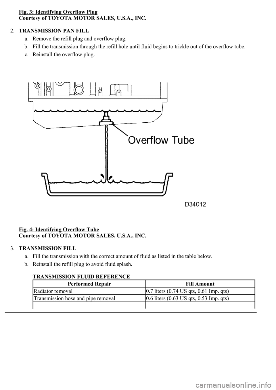 LEXUS LS430 2003  Factory Repair Manual Fig. 3: Identifying Overflow Plug 
Courtesy of TOYOTA MOTOR SALES, U.S.A., INC. 
2.TRANSMISSION PAN FILL 
a. Remove the refill plug and overflow plug.  
b. Fill the transmission through the refill hol
