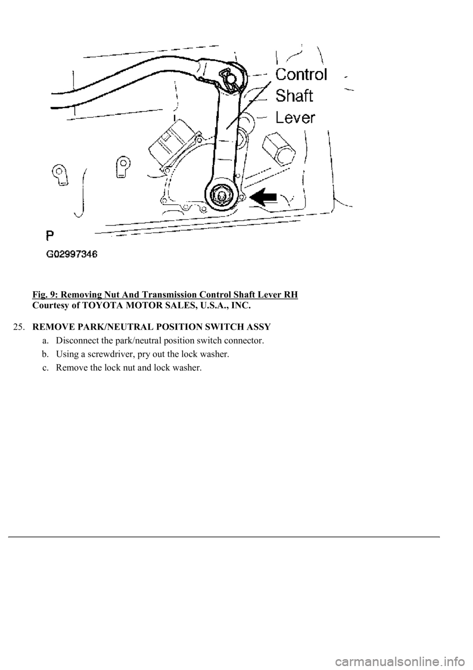 LEXUS LS430 2003  Factory Repair Manual Fig. 9: Removing Nut And Transmission Control Shaft Lever RH 
Courtesy of TOYOTA MOTOR SALES, U.S.A., INC. 
25.REMOVE PARK/NEUTRAL POSITION SWITCH ASSY 
a. Disconnect the park/neutral position switch 