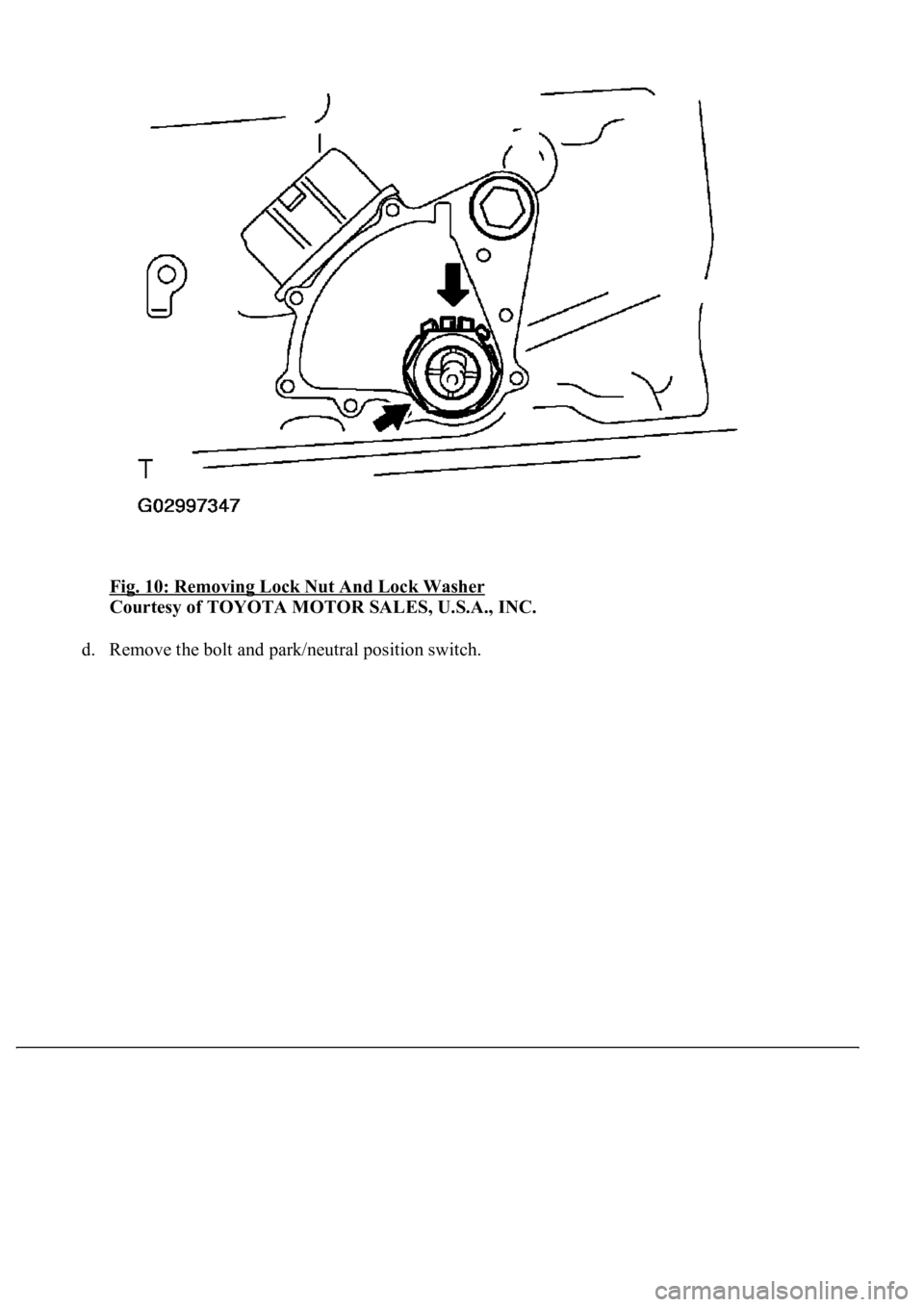 LEXUS LS430 2003  Factory Repair Manual Fig. 10: Removing Lock Nut And Lock Washer 
Courtesy of TOYOTA MOTOR SALES, U.S.A., INC. 
d. Remove the bolt and park/neutral position switch.  