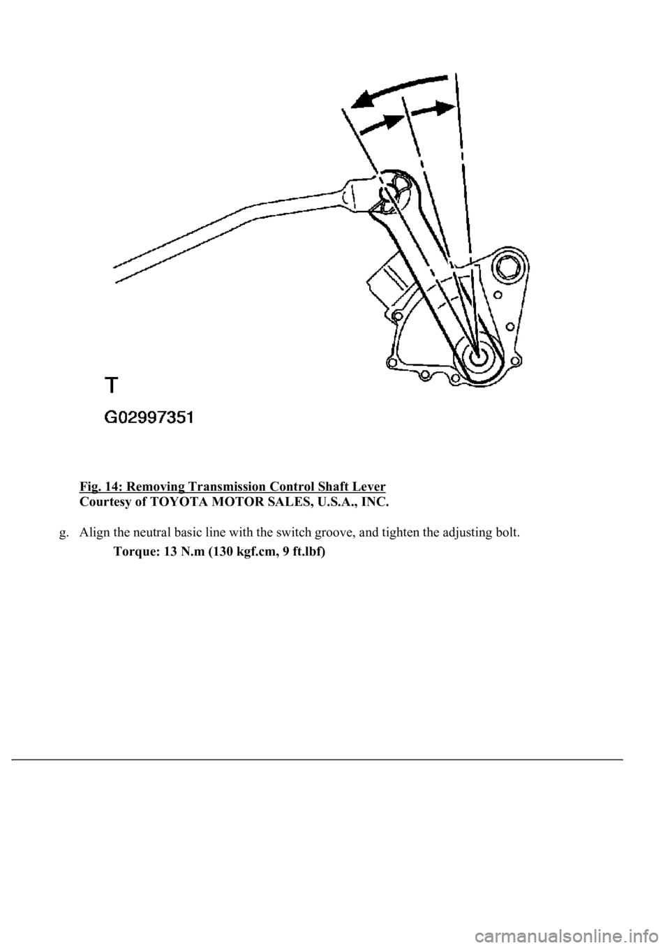 LEXUS LS430 2003  Factory Repair Manual Fig. 14: Removing Transmission Control Shaft Lever 
Courtesy of TOYOTA MOTOR SALES, U.S.A., INC. 
g. Align the neutral basic line with the switch groove, and tighten the adjusting bolt. 
Torque: 13 N.