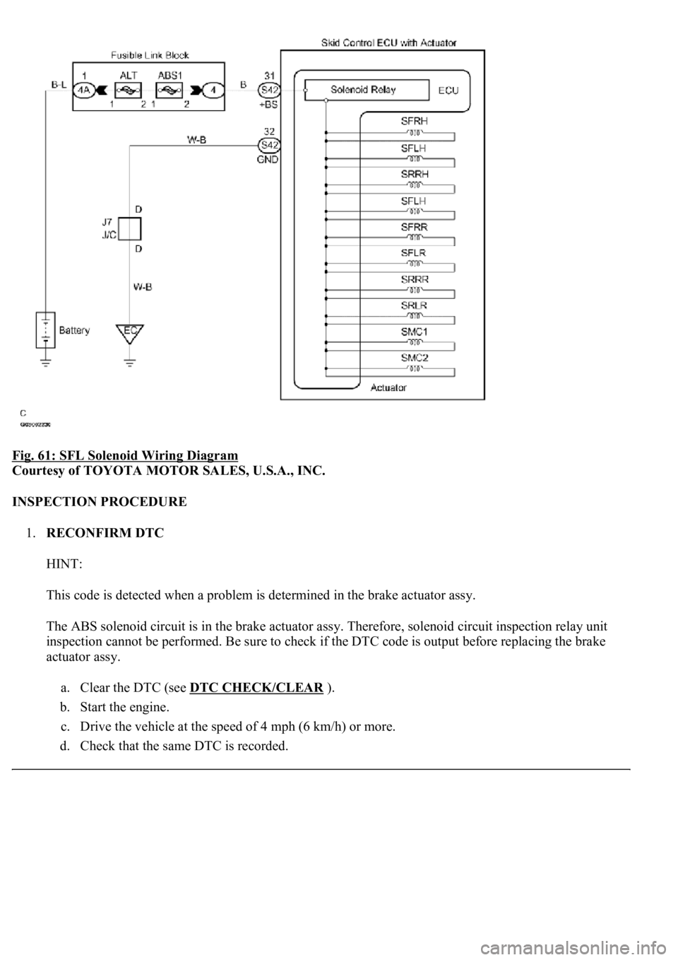 LEXUS LS430 2003 Factory Repair Manual Fig. 61: SFL Solenoid Wiring Diagram
Courtesy of TOYOTA MOTOR SALES, U.S.A., INC.
INSPECTION PROCEDURE
1.RECONFIRM DTC
HINT:
This code is detected when a problem is determined in the brake actuat LEXUS LS430 2003 Factory Repair Manual Fig. 61: SFL Solenoid Wiring Diagram
Courtesy of TOYOTA MOTOR SALES, U.S.A., INC.
INSPECTION PROCEDURE
1.RECONFIRM DTC
HINT:
This code is detected when a problem is determined in the brake actuat