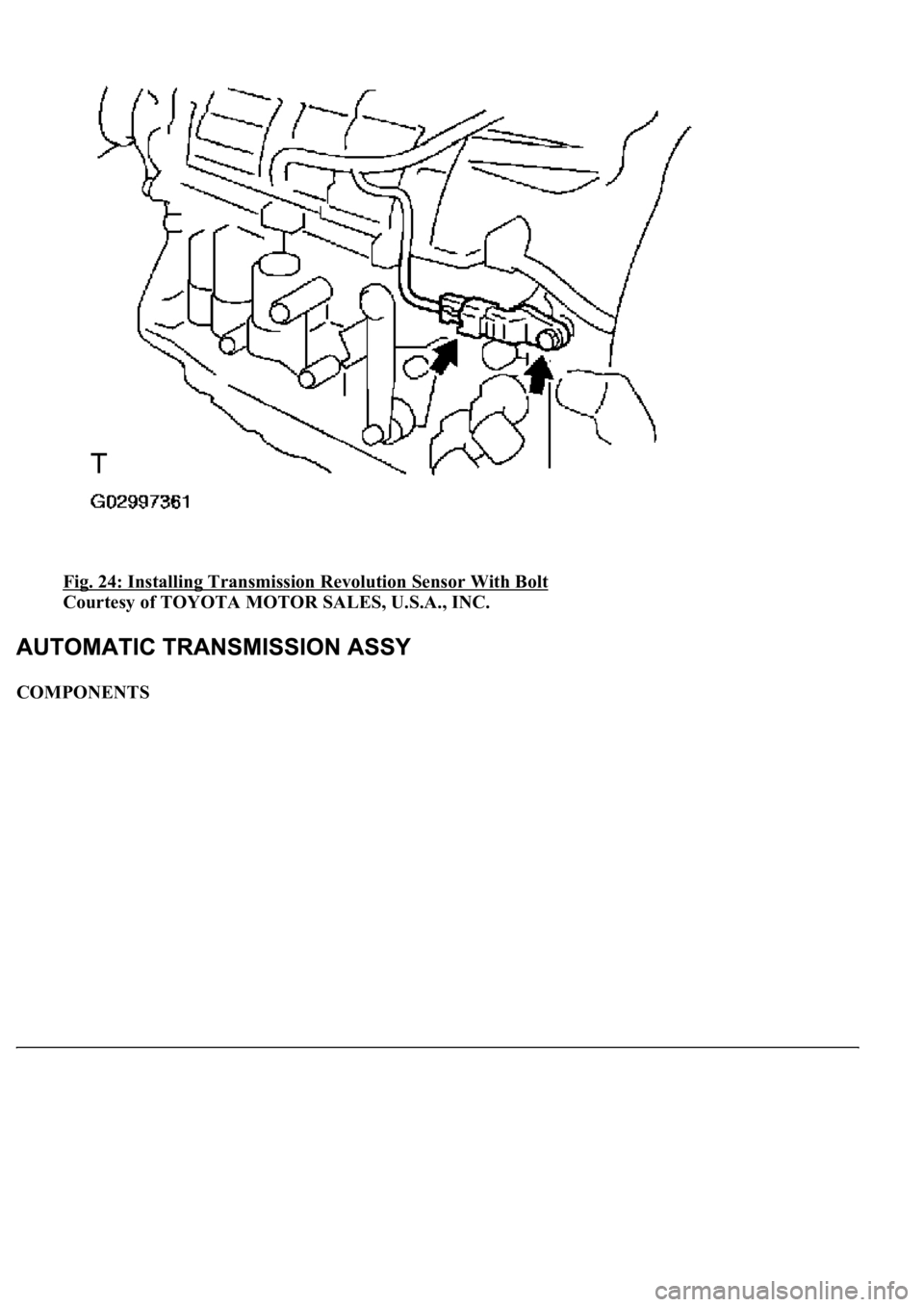 LEXUS LS430 2003  Factory Repair Manual Fig. 24: Installing Transmission Revolution Sensor With Bolt 
Courtesy of TOYOTA MOTOR SALES, U.S.A., INC. 
COMPONENTS  