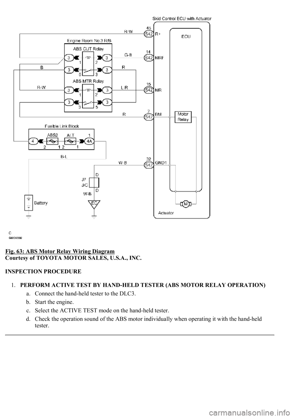 LEXUS LS430 2003  Factory Repair Manual Fig. 63: ABS Motor Relay Wiring Diagram 
Courtesy of TOYOTA MOTOR SALES, U.S.A., INC. 
INSPECTION PROCEDURE 
1.PERFORM ACTIVE TEST BY HAND-HELD TESTER (ABS MOTOR RELAY OPERATION) 
a. Connect the hand-