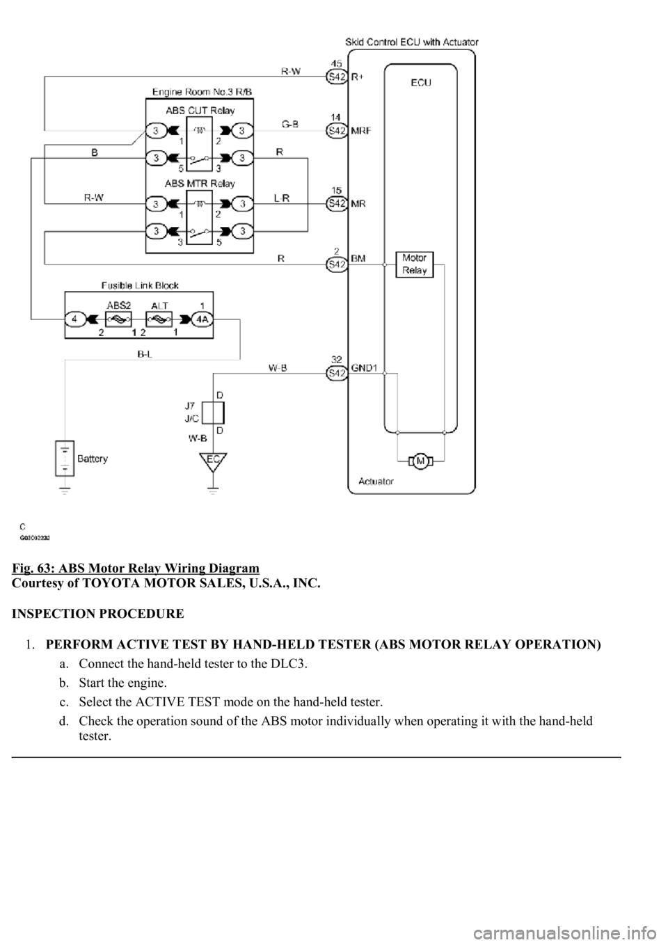 LEXUS LS430 2003  Factory Repair Manual Fig. 63: ABS Motor Relay Wiring Diagram 
Courtesy of TOYOTA MOTOR SALES, U.S.A., INC. 
INSPECTION PROCEDURE 
1.PERFORM ACTIVE TEST BY HAND-HELD TESTER (ABS MOTOR RELAY OPERATION) 
a. Connect the hand-