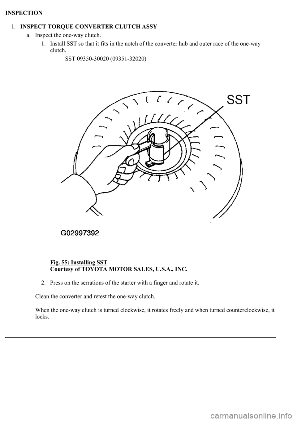 LEXUS LS430 2003  Factory Repair Manual INSPECTION 
1.INSPECT TORQUE CONVERTER CLUTCH ASSY 
a. Inspect the one-way clutch. 
1. Install SST so that it fits in the notch of the converter hub and outer race of the one-way 
clutch. 
SST 09350-3