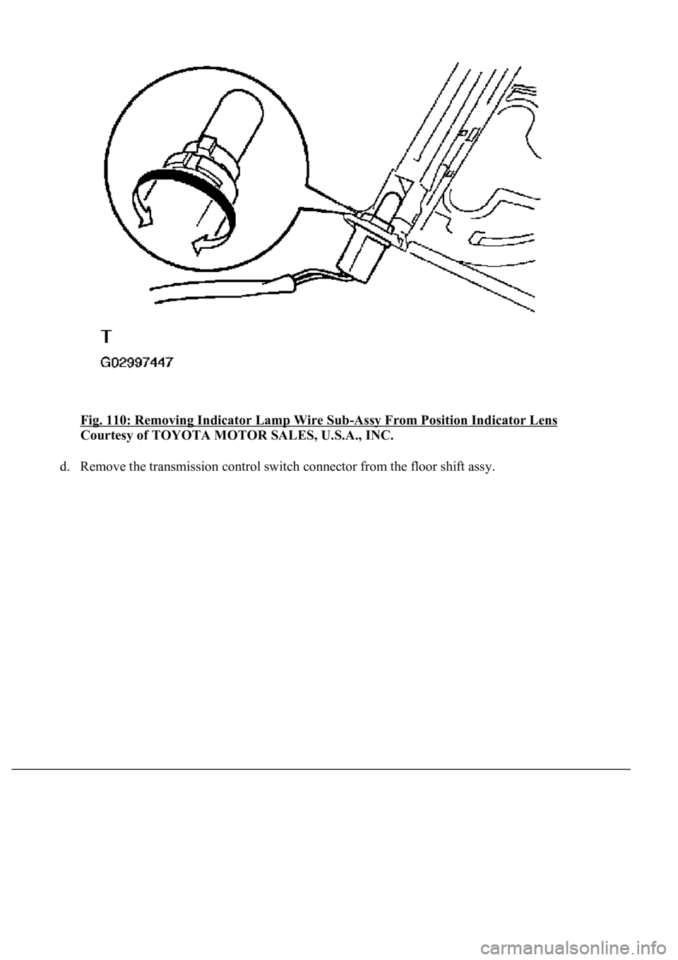 LEXUS LS430 2003  Factory Repair Manual Fig. 110: Removing Indicator Lamp Wire Sub-Assy From Position Indicator Lens 
Courtesy of TOYOTA MOTOR SALES, U.S.A., INC. 
d. Remove the transmission control switch connector from the floor shift ass