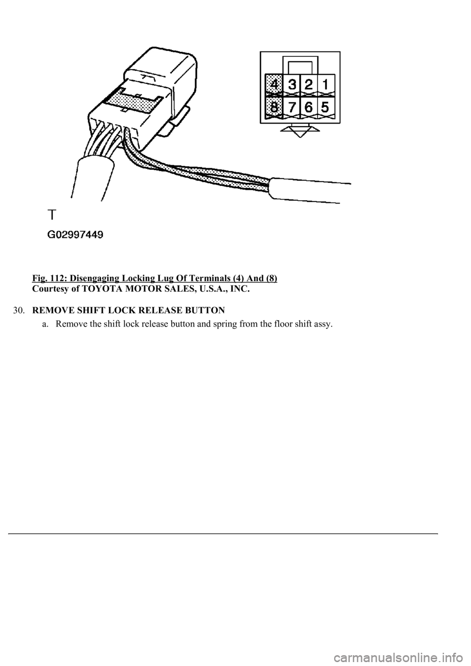 LEXUS LS430 2003  Factory Repair Manual Fig. 112: Disengaging Locking Lug Of Terminals (4) And (8) 
Courtesy of TOYOTA MOTOR SALES, U.S.A., INC. 
30.REMOVE SHIFT LOCK RELEASE BUTTON 
a. Remove the shift lock release button and sprin
g from 