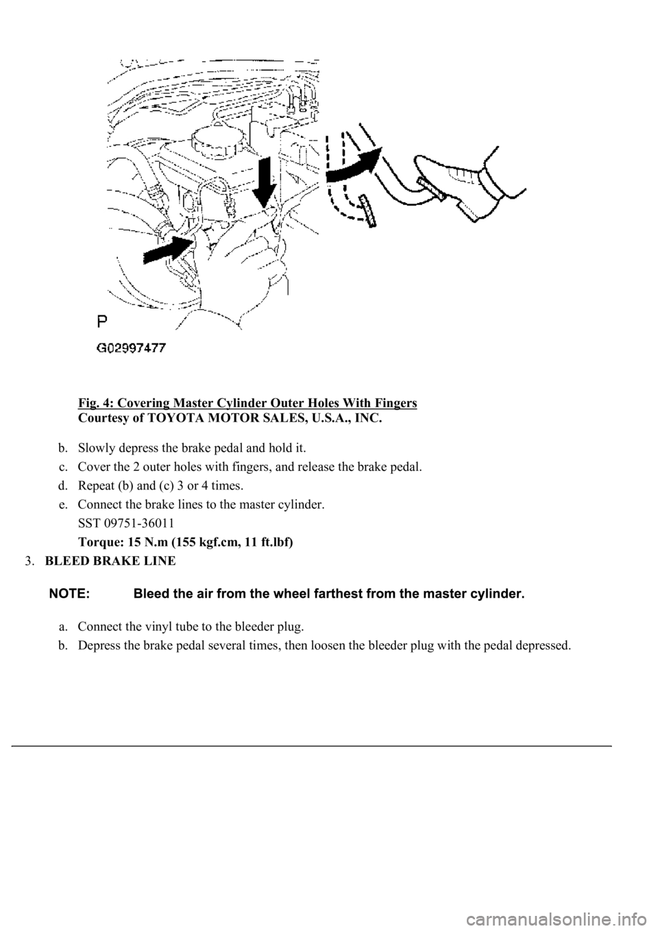 LEXUS LS430 2003  Factory Repair Manual Fig. 4: Covering Master Cylinder Outer Holes With Fingers 
Courtesy of TOYOTA MOTOR SALES, U.S.A., INC. 
b. Slowly depress the brake pedal and hold it.  
c. Cover the 2 outer holes with fingers, and r