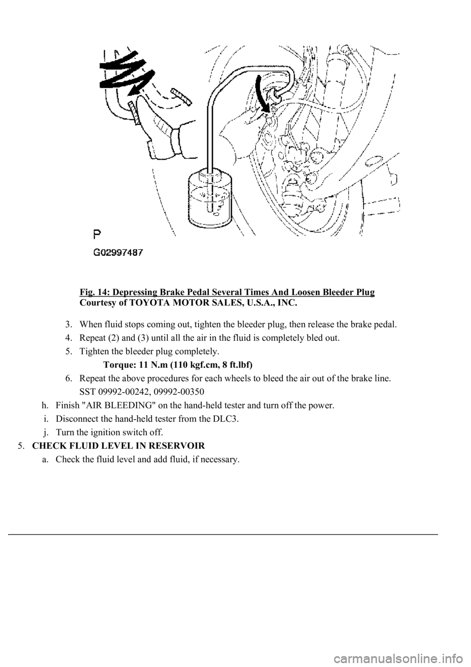 LEXUS LS430 2003  Factory Repair Manual Fig. 14: Depressing Brake Pedal Several Times And Loosen Bleeder Plug 
Courtesy of TOYOTA MOTOR SALES, U.S.A., INC. 
3. When fluid stops coming out, tighten the bleeder plug, then release the brake pe