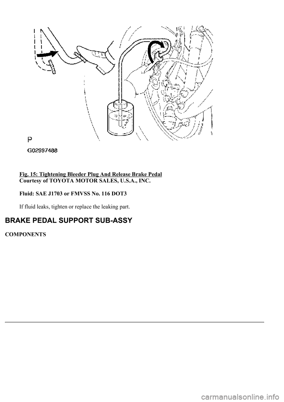 LEXUS LS430 2003  Factory Repair Manual Fig. 15: Tightening Bleeder Plug And Release Brake Pedal 
Courtesy of TOYOTA MOTOR SALES, U.S.A., INC. 
Fluid: SAE J1703 or FMVSS No. 116 DOT3  
If fluid leaks, tighten or replace the leaking part. 
C