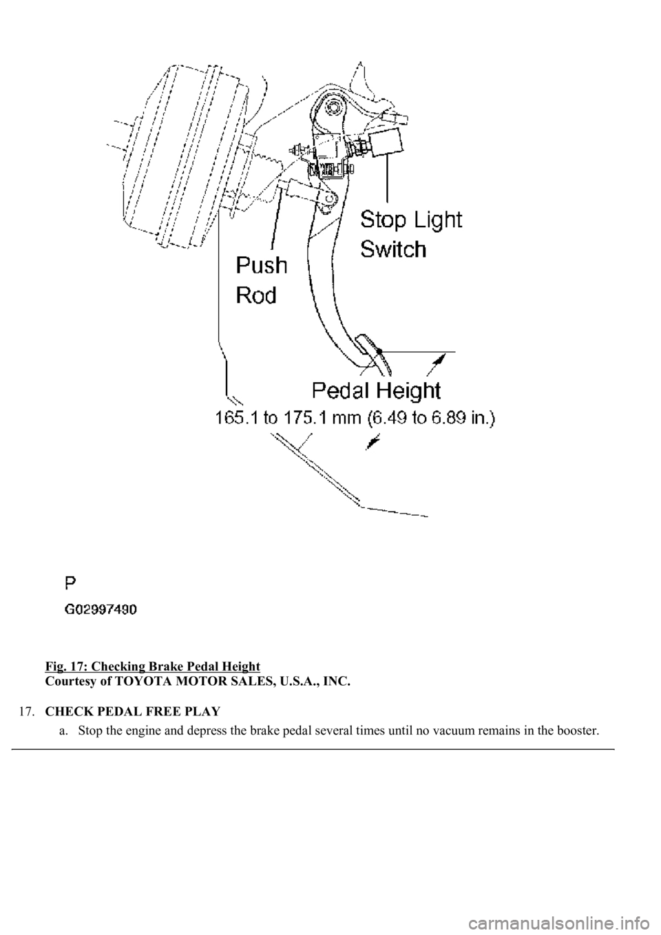 LEXUS LS430 2003  Factory Repair Manual Fig. 17: Checking Brake Pedal Height 
Courtesy of TOYOTA MOTOR SALES, U.S.A., INC. 
17.CHECK PEDAL FREE PLAY 
a. Stop the en
gine and depress the brake pedal several times until no vacuum remains in t