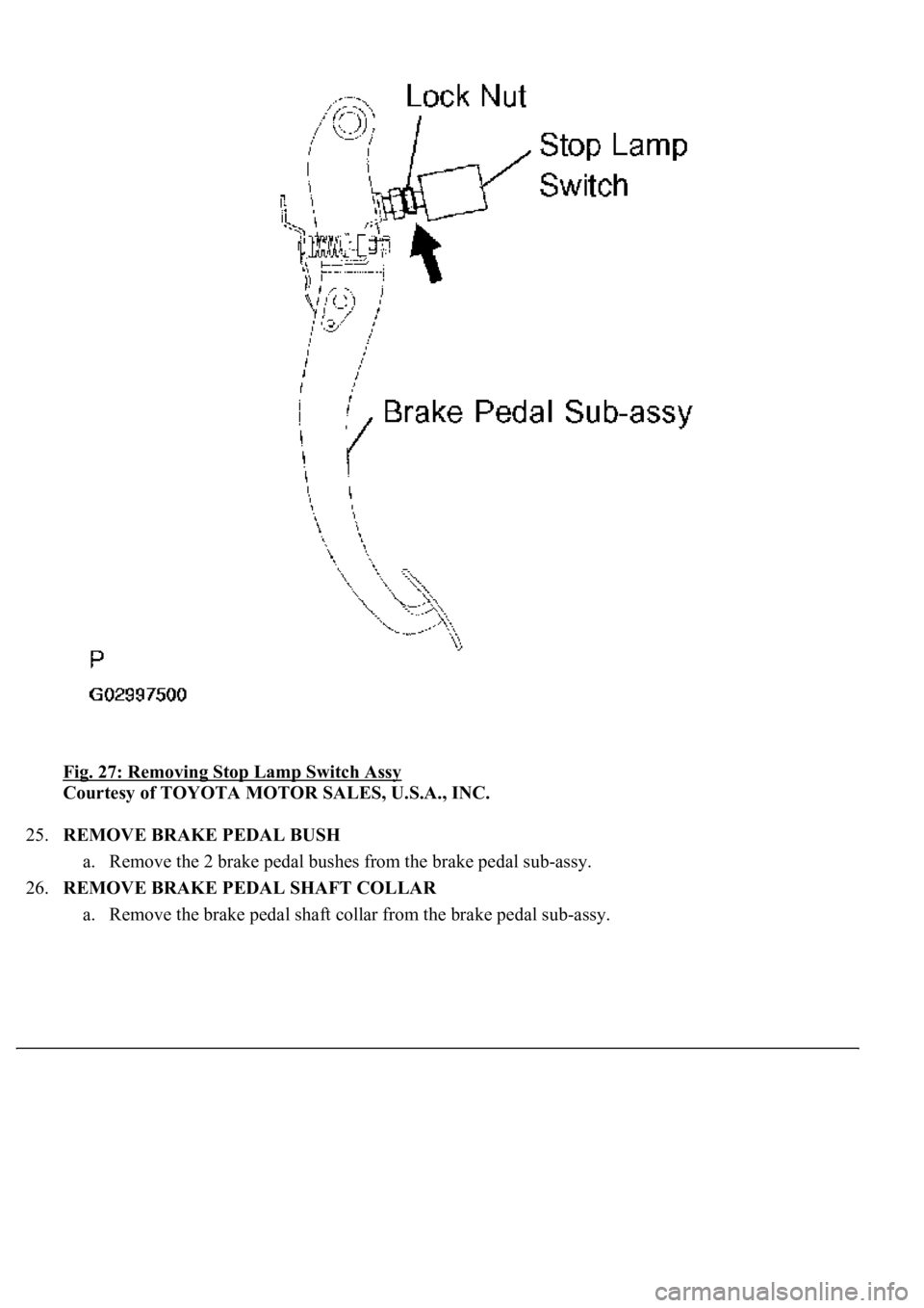 LEXUS LS430 2003  Factory Repair Manual Fig. 27: Removing Stop Lamp Switch Assy 
Courtesy of TOYOTA MOTOR SALES, U.S.A., INC. 
25.REMOVE BRAKE PEDAL BUSH 
a. Remove the 2 brake pedal bushes from the brake pedal sub-assy.  
26.REMOVE BRAKE P