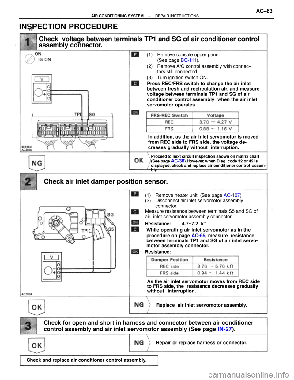 LEXUS SC400 1991  Service Repair Manual 
Check  voltage between terminals TP1 and SG of air conditioner control
assembly connector.
(1) Remove console upper panel.(See page  BO-111).
(2) Remove A/C control assembly with connec±
tors still 