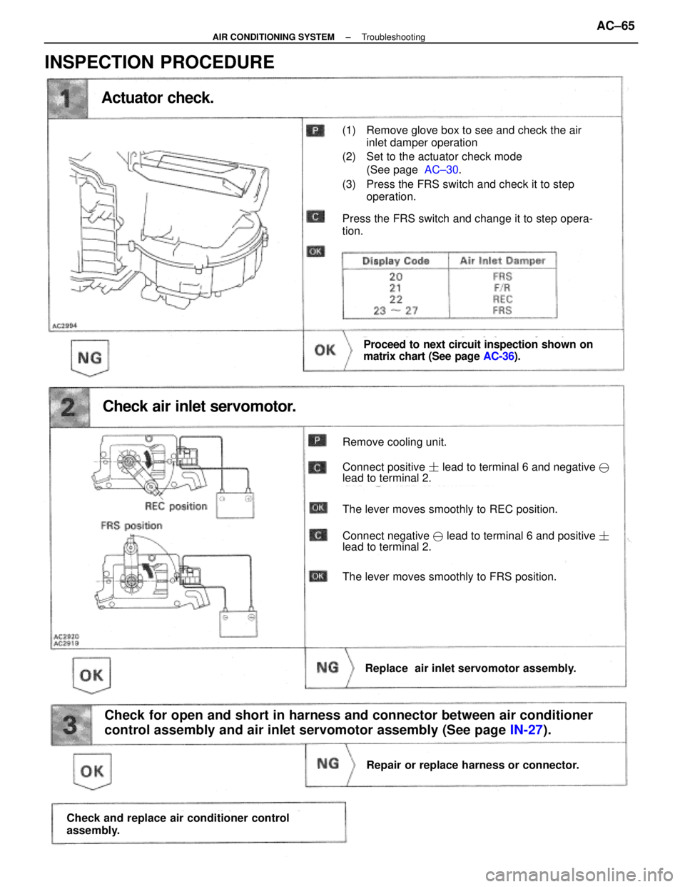 LEXUS SC400 1991  Service Repair Manual 
Actuator check.
Proceed to next circuit inspection shown on
matrix chart (See page AC-36).
Check air inlet servomotor.
Remove cooling unit.
Connect positive   lead to terminal 6 and negative  
lead