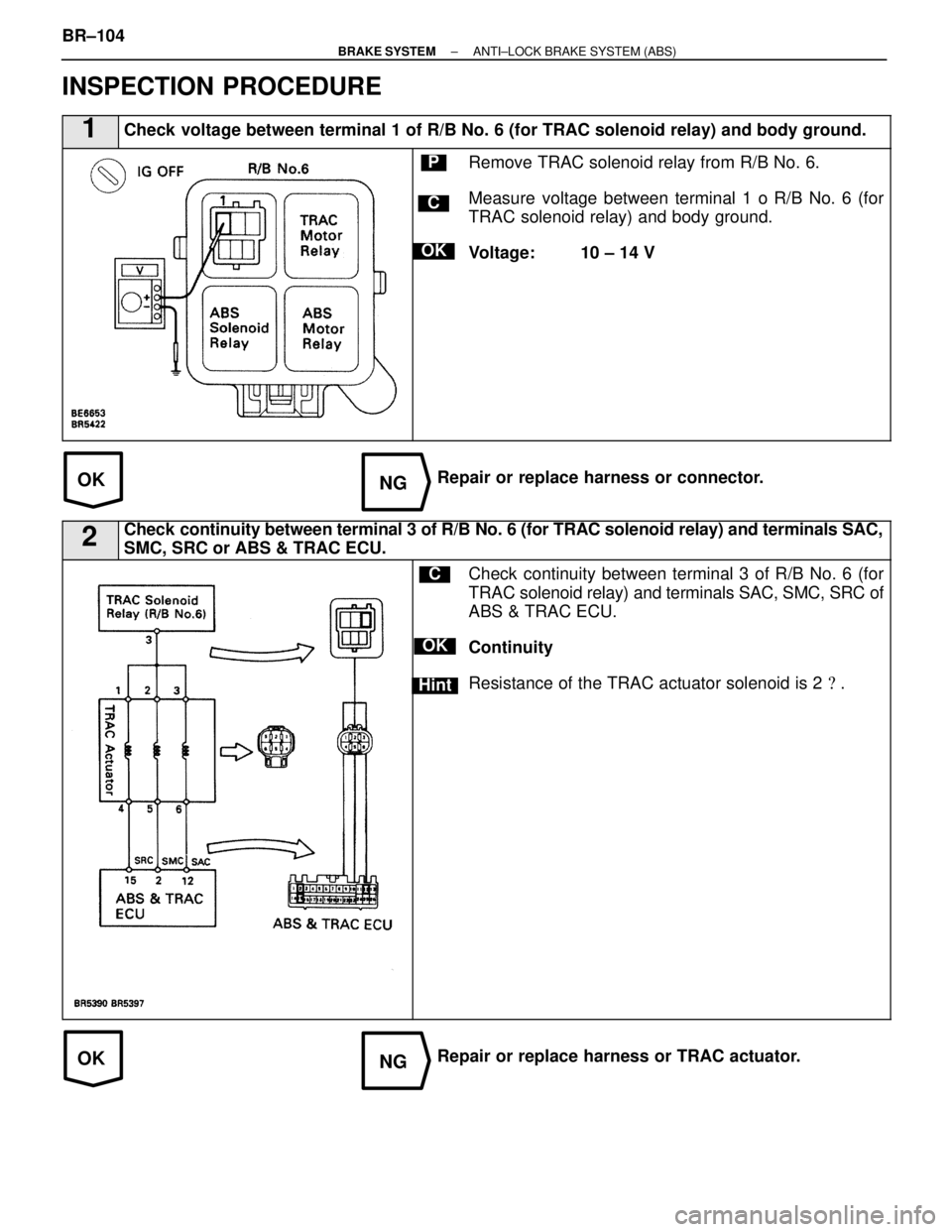 LEXUS SC400 1991  Service Repair Manual 
OKNG
OKNG
INSPECTION PROCEDURE
1Check voltage between terminal 1 of R/B No. 6 (for TRAC solenoid relay) and\
 body ground.
C
OK
PRemove TRAC solenoid relay from R/B No. 6.
Measure voltage between ter