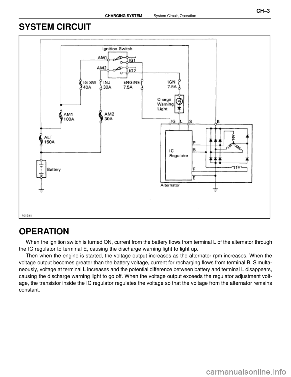 LEXUS SC400 1991  Service Repair Manual 
SYSTEM CIRCUIT
OPERATION
When the ignition switch is turned ON, current from the battery flows from t\
erminal L of the alternator through
the IC regulator to terminal E, causing the discharge warnin