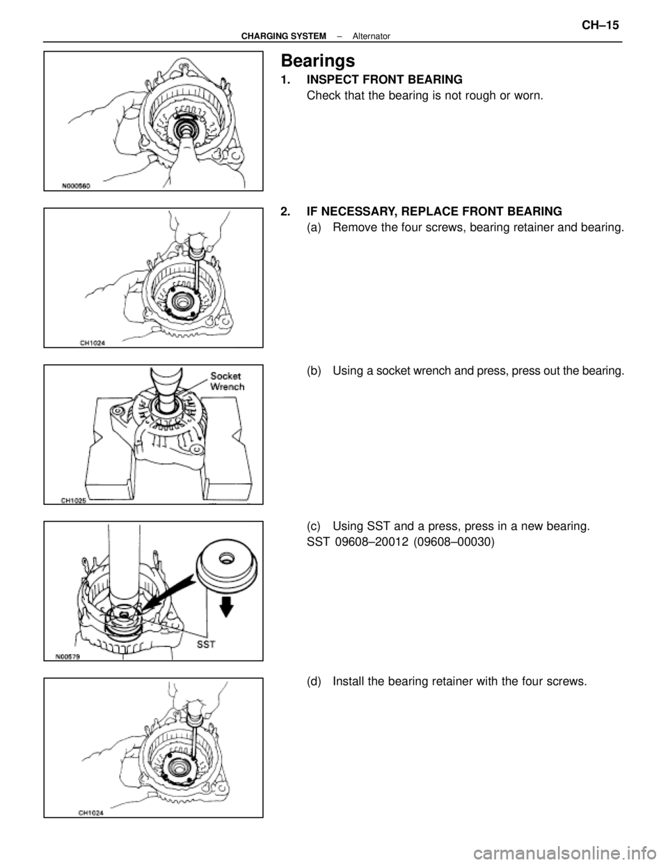 LEXUS SC400 1991  Service Repair Manual 
Bearings
1.  INSPECT FRONT BEARINGCheck that the bearing is not rough or worn.
2.  IF NECESSARY, REPLACE FRONT BEARING (a)  Remove the four screws, bearing retainer and bearing.
(b) Using a  socket w