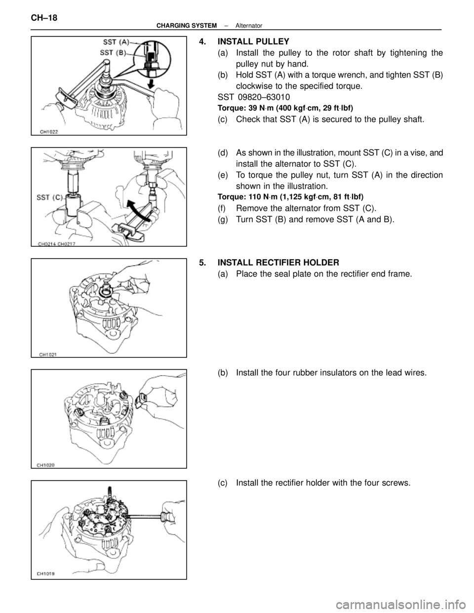 LEXUS SC400 1991  Service Repair Manual 
4. INSTALL PULLEY(a)  Install the pulley to the rotor shaft by tightening thepulley nut by hand.
(b)  Hold SST (A) with a torque wrench, and tighten SST (B)
clockwise to the specified torque.
SST 098