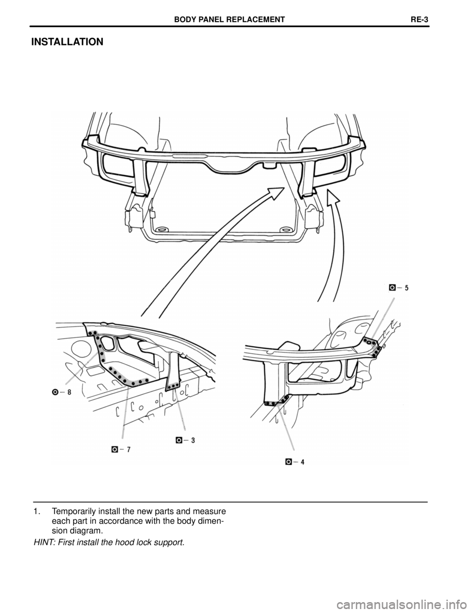 LEXUS SC400 1991 Service Repair Manual
INSTALLATION
1. Temporarily install the new parts and measureeach part in accordance with the body dimen-
sion diagram.
HINT: First install the hood lock support.
BODY PANEL REPLACEMENTRE-3
WhereEve LEXUS SC400 1991 Service Repair Manual
INSTALLATION
1. Temporarily install the new parts and measureeach part in accordance with the body dimen-
sion diagram.
HINT: First install the hood lock support.
BODY PANEL REPLACEMENTRE-3
WhereEve