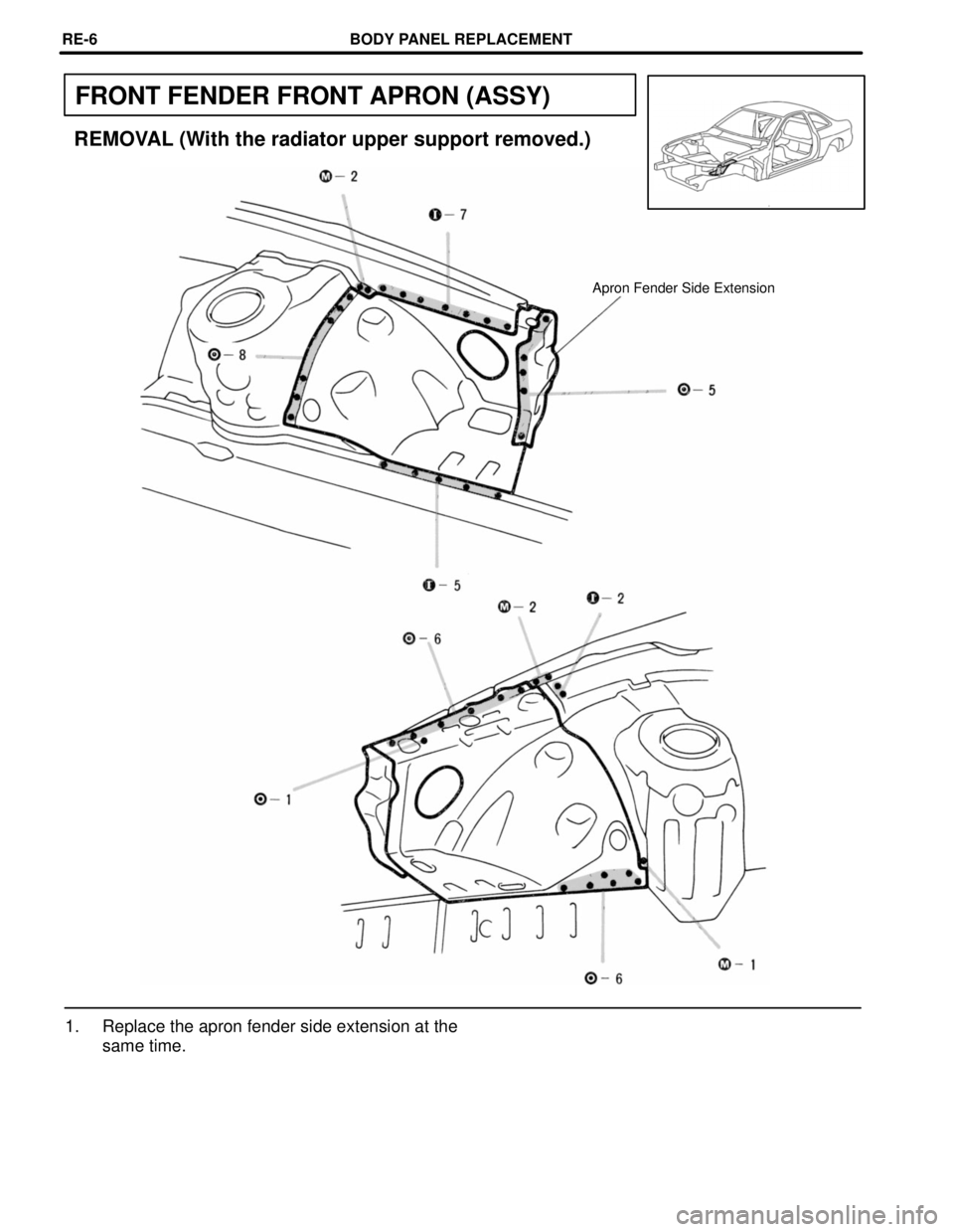 LEXUS SC400 1991  Service Repair Manual 
FRONT FENDER FRONT APRON (ASSY)
REMOVAL (With the radiator upper support removed.)
Apron Fender Side Extension
1. Replace the apron fender side extension at thesame time.
BODY PANEL REPLACEMENTRE-6 
