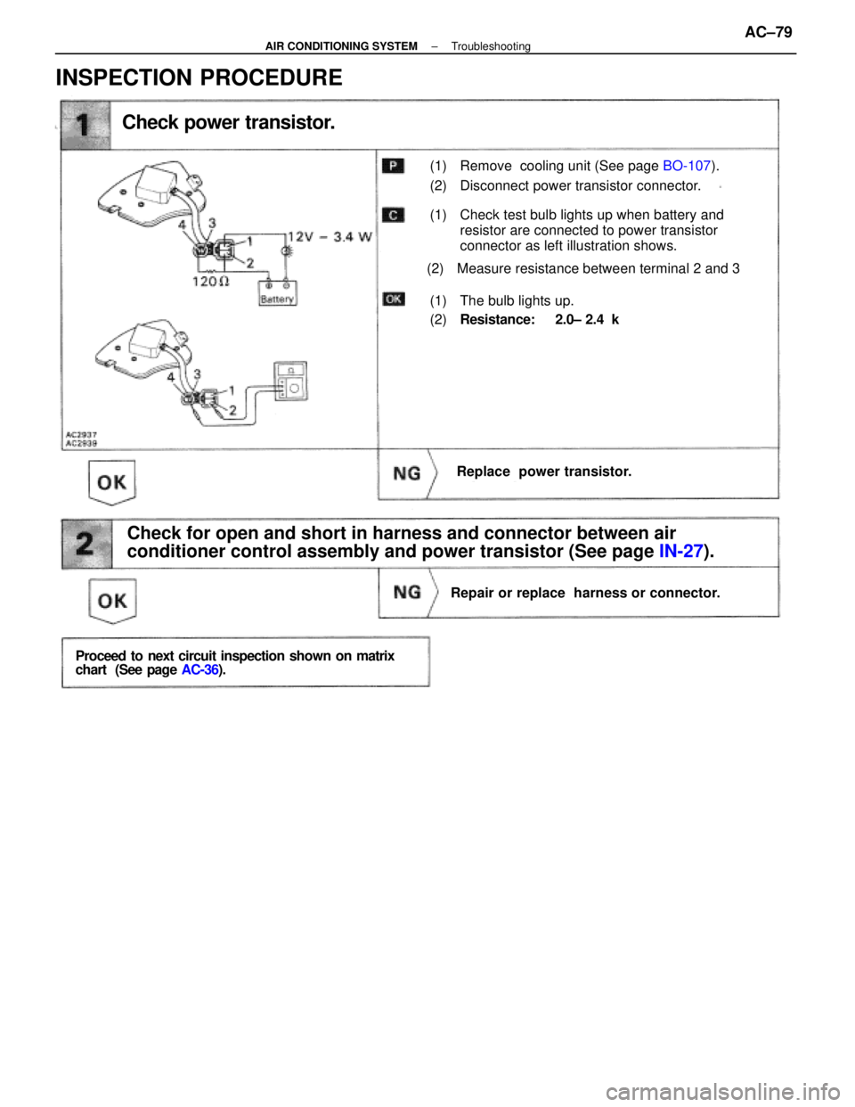LEXUS SC400 1991  Service Repair Manual 
Check power transistor.
(1) Remove  cooling unit (See page BO-107).
(2) Disconnect power transistor connector.
(1) Check test bulb lights up when battery and 
resistor are connected to power transist