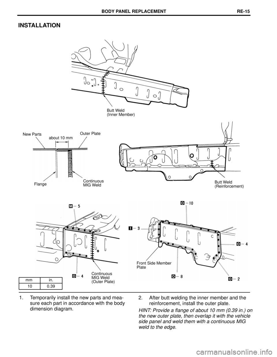 LEXUS SC400 1991  Service Repair Manual 
mm in.10 0.39
INSTALLATION
Butt Weld
(Inner Member)
Outer Plate
New Parts
about 10 mm
Flange Butt Weld
(Reinforcement)
Continuous
MIG Weld
Front Side Member
Plate
Continuous
MIG Weld
(Outer Plate)
1.