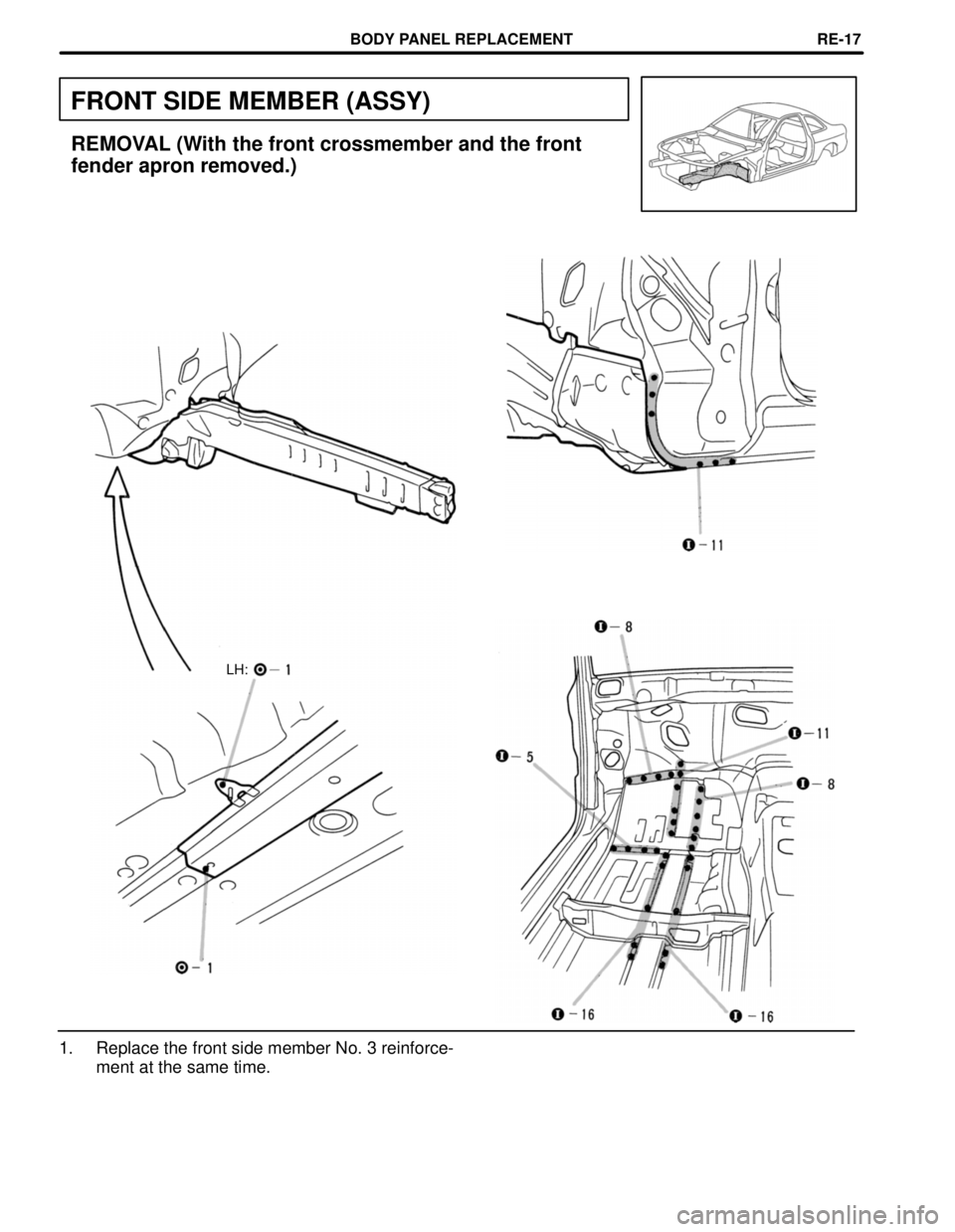 LEXUS SC400 1991  Service Repair Manual 
FRONT SIDE MEMBER (ASSY)
REMOVAL (With the front crossmember and the front
fender apron removed.)
LH:
1. Replace the front side member No. 3 reinforce-ment at the same time.
BODY PANEL REPLACEMENTRE-