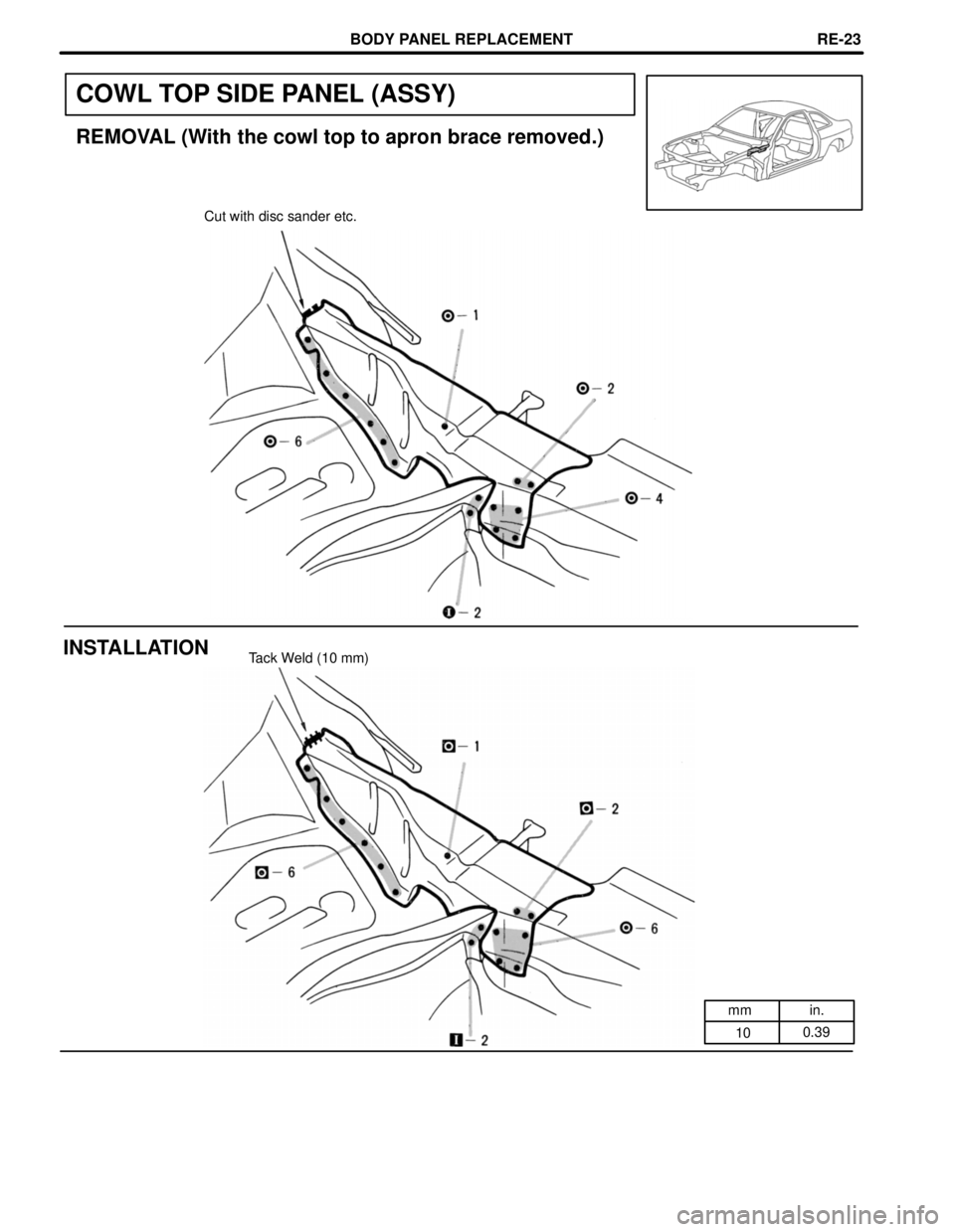 LEXUS SC400 1991  Service Repair Manual 
mm in.10 0.39
COWL TOP SIDE PANEL (ASSY)
REMOVAL (With the cowl top to apron brace removed.)
Cut with disc sander etc.
INSTALLATIONTack Weld (10 mm)
BODY PANEL REPLACEMENTRE-23 
WhereEverybodyKnowsYo