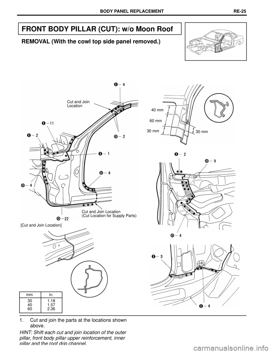 LEXUS SC400 1991  Service Repair Manual 
mm in.30
40
60 1.18
1.57
2.36
FRONT BODY PILLAR (CUT): w/o Moon Roof
REMOVAL (With the cowl top side panel removed.)
Cut and Join
Location
40 mm
60 mm
30 mm 30 mm
Cut and Join Location
(Cut Location 