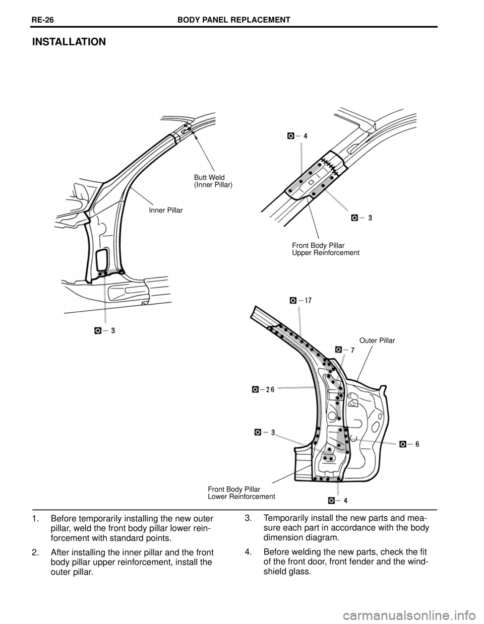 LEXUS SC400 1991  Service Repair Manual 
INSTALLATION
Butt Weld
(Inner Pillar)
Inner Pillar
Front Body Pillar
Upper Reinforcement
Outer Pillar
Front Body Pillar
Lower Reinforcement
1. Before temporarily installing the new outer pillar, weld