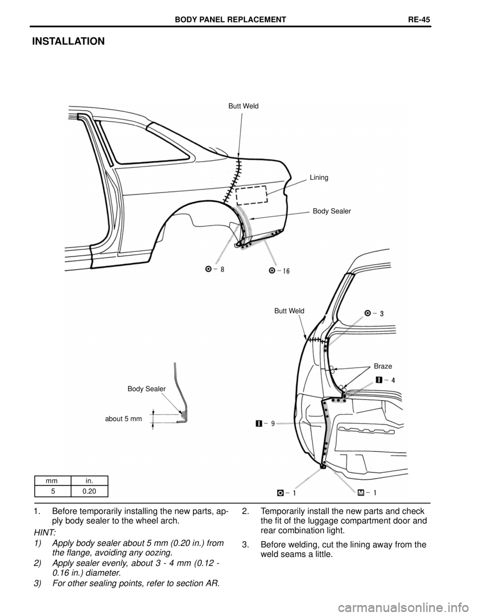 LEXUS SC400 1991  Service Repair Manual 
mm in.5 0.20
INSTALLATION
Butt Weld
LiningBody Sealer
Butt Weld Braze
Body Sealer
about 5 mm
1. Before temporarily installing the new parts, ap- ply body sealer to the wheel arch.
HINT:
1) Apply body