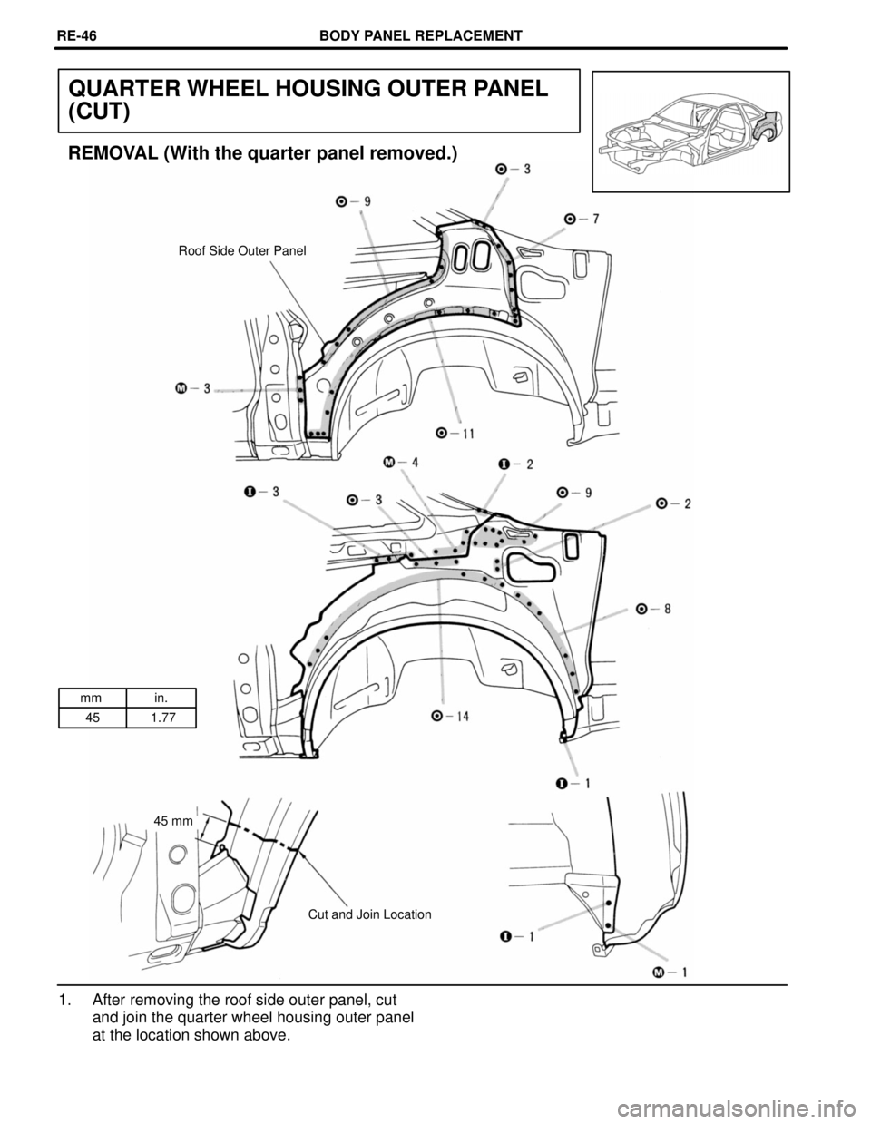 LEXUS SC400 1991  Service Repair Manual 
mm in.45 1.77
QUARTER WHEEL HOUSING OUTER PANEL
(CUT)
45 mm
REMOVAL (With the quarter panel removed.)
Roof Side Outer Panel
Cut and Join Location
1. After removing the roof side outer panel, cutand j