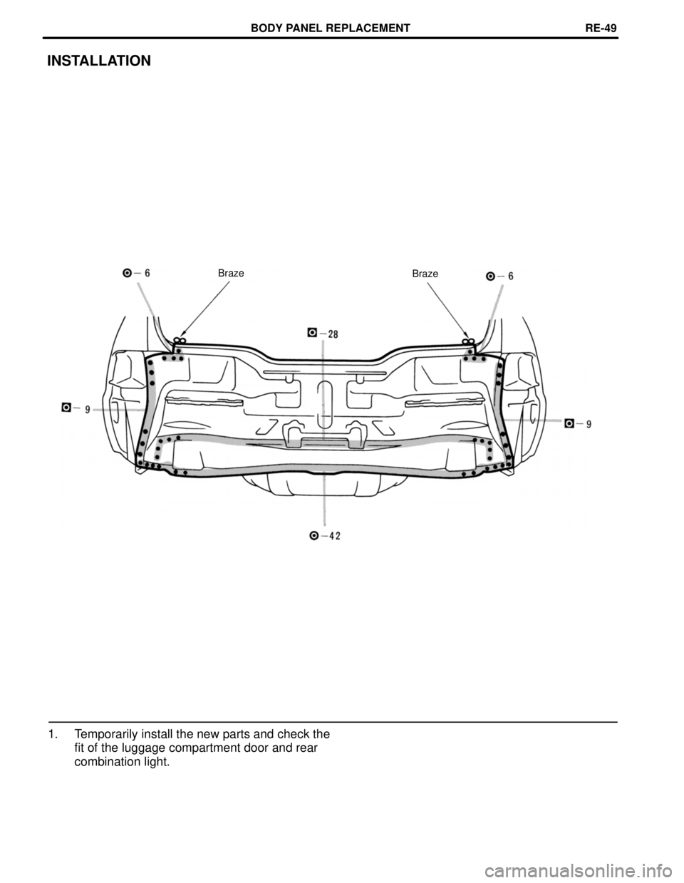 LEXUS SC400 1991  Service Repair Manual 
INSTALLATION
BrazeBraze
1. Temporarily install the new parts and check the
fit of the luggage compartment door and rear
combination light.
BODY PANEL REPLACEMENTRE-49 
WhereEverybodyKnowsYourName  