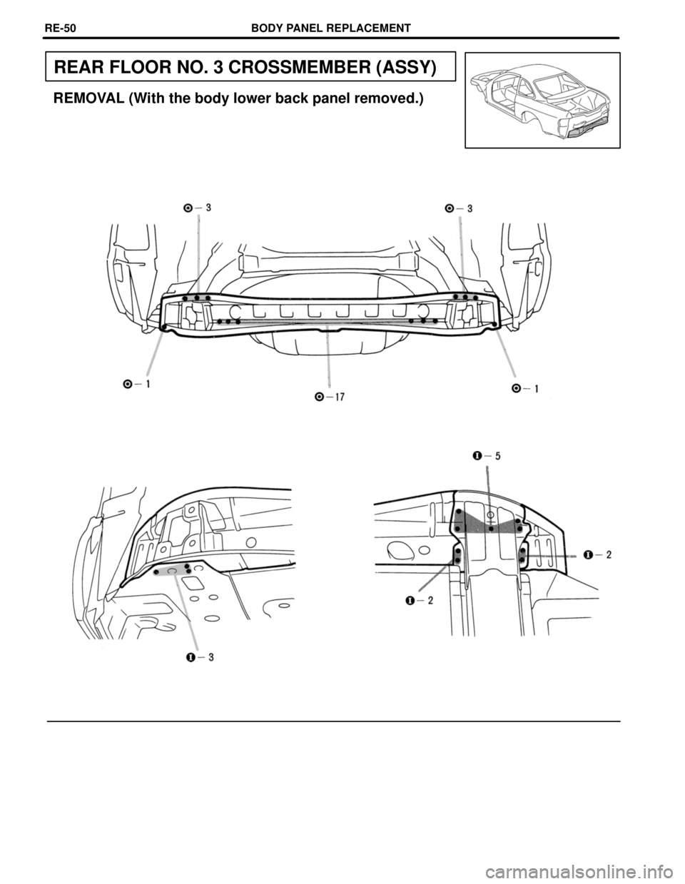 LEXUS SC400 1991  Service Repair Manual 
REAR FLOOR NO. 3 CROSSMEMBER (ASSY)
REMOVAL (With the body lower back panel removed.)
BODY PANEL REPLACEMENTRE-50 
WhereEverybodyKnowsYourName  