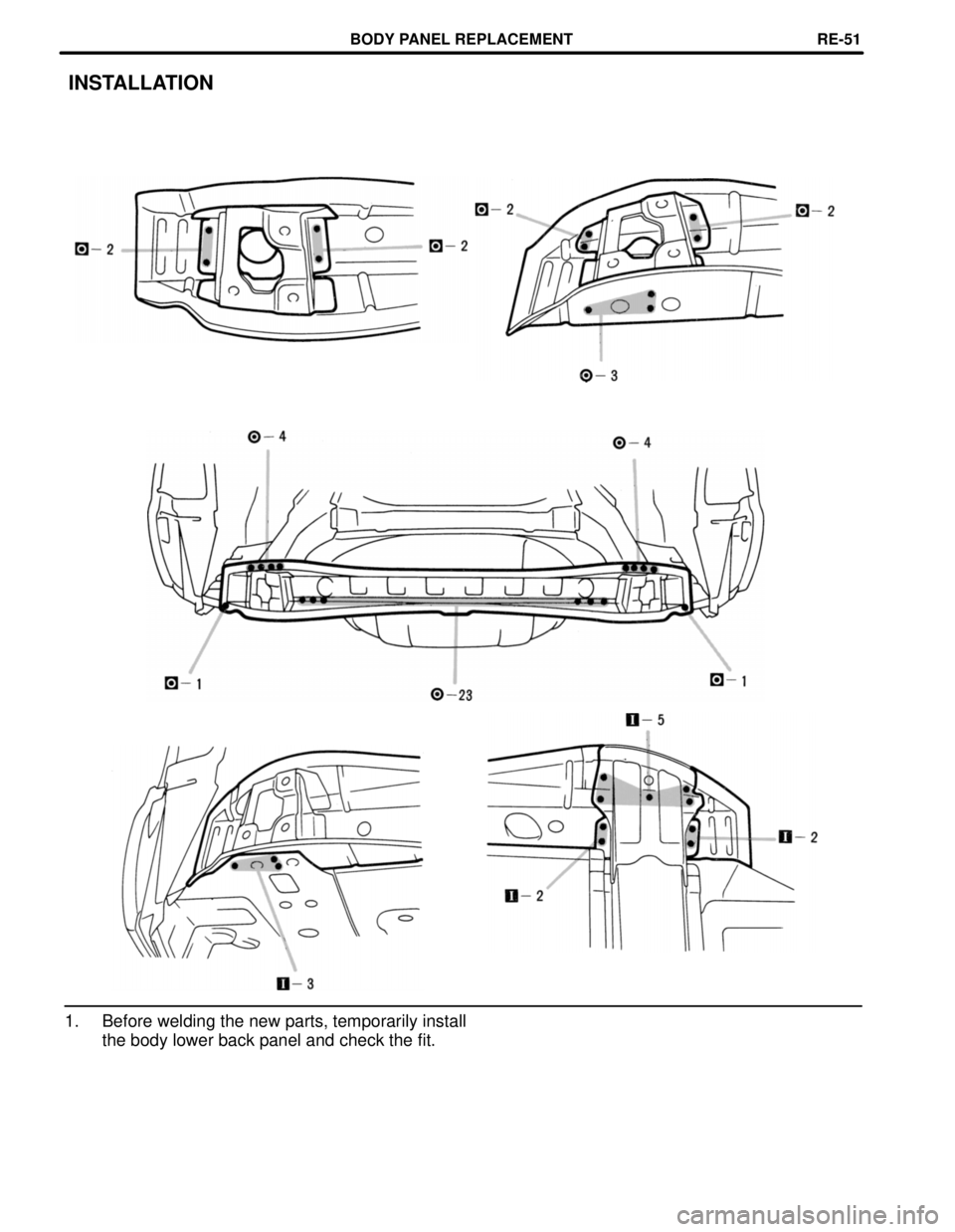 LEXUS SC400 1991  Service Repair Manual 
INSTALLATION
1. Before welding the new parts, temporarily installthe body lower back panel and check the fit.
BODY PANEL REPLACEMENTRE-51 
WhereEverybodyKnowsYourName  