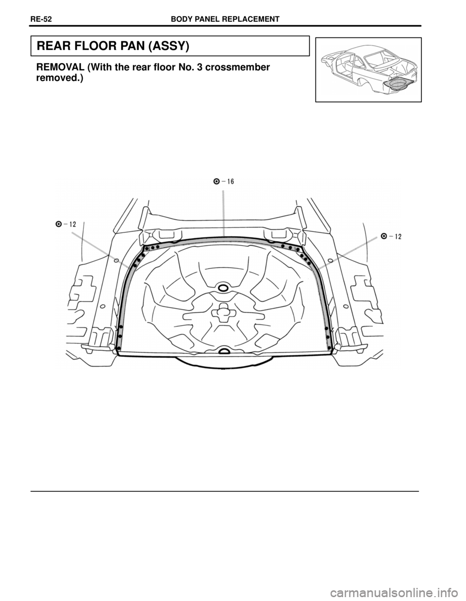 LEXUS SC400 1991  Service Repair Manual 
REAR FLOOR PAN (ASSY)
REMOVAL (With the rear floor No. 3 crossmember
removed.)
BODY PANEL REPLACEMENTRE-52 
WhereEverybodyKnowsYourName  
