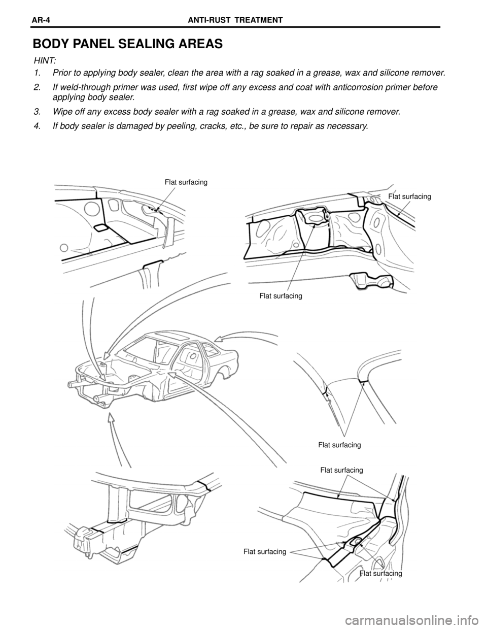 LEXUS SC400 1991  Service Repair Manual 
BODY PANEL SEALING AREAS
HINT:1. Prior to applying body sealer, clean the area with a rag soaked in a grease, wax and silicone remover\
.
2. If weld-through primer was used, first wipe off any excess
