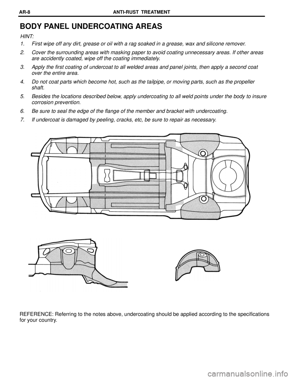 LEXUS SC400 1991  Service Repair Manual 
BODY PANEL UNDERCOATING AREAS
HINT:1. First wipe off any dirt, grease or oil with a rag soaked in a grease, wa\
x and silicone remover.
2. Cover the surrounding areas with masking paper to avoid coat